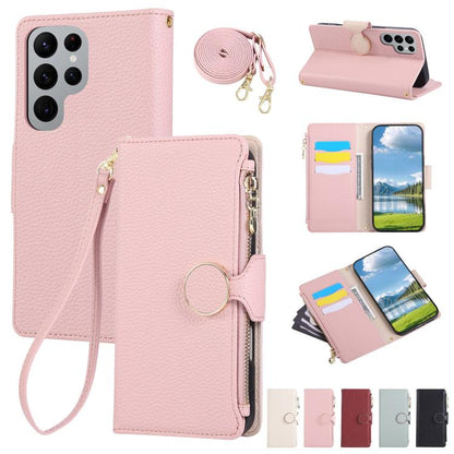Round Buckle Zipper Wallet Leather Phone Case with Crossbody Strap