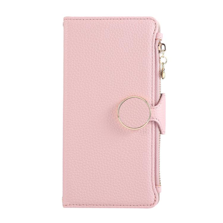 Round Buckle Zipper Wallet Leather Phone Case with Crossbody Strap