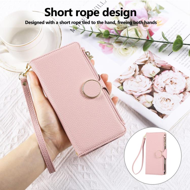 Round Buckle Zipper Wallet Leather Phone Case with Crossbody Strap