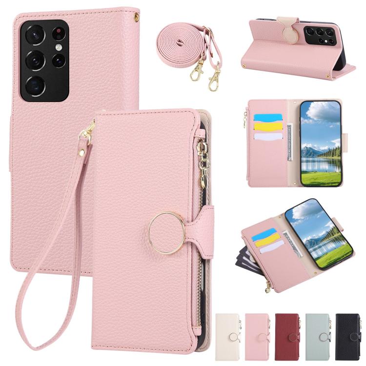 Round Buckle Zipper Wallet Leather Phone Case with Crossbody Strap