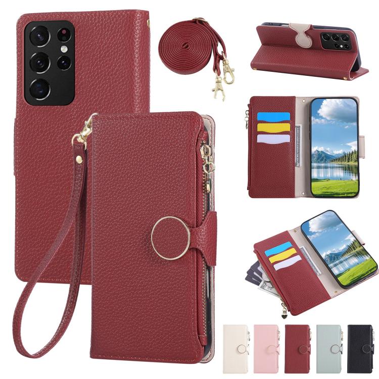 Round Buckle Zipper Wallet Leather Phone Case with Crossbody Strap