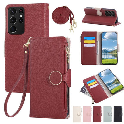 Round Buckle Zipper Wallet Leather Phone Case with Crossbody Strap