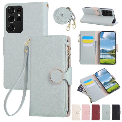 Round Buckle Zipper Wallet Leather Phone Case with Crossbody Strap