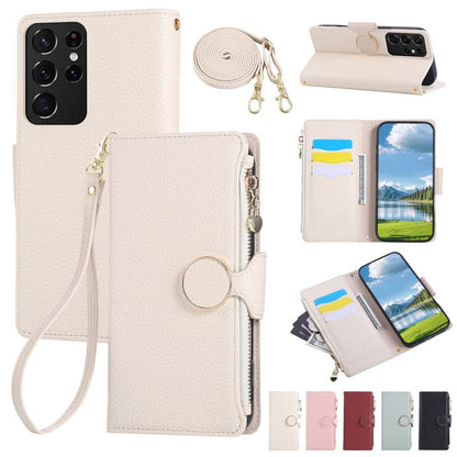Round Buckle Zipper Wallet Leather Phone Case with Crossbody Strap