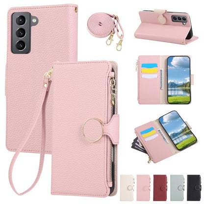 Round Buckle Zipper Wallet Leather Phone Case with Crossbody Strap