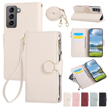 Round Buckle Zipper Wallet Leather Phone Case with Crossbody Strap
