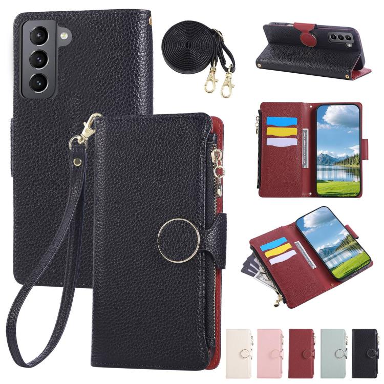Round Buckle Zipper Wallet Leather Phone Case with Crossbody Strap