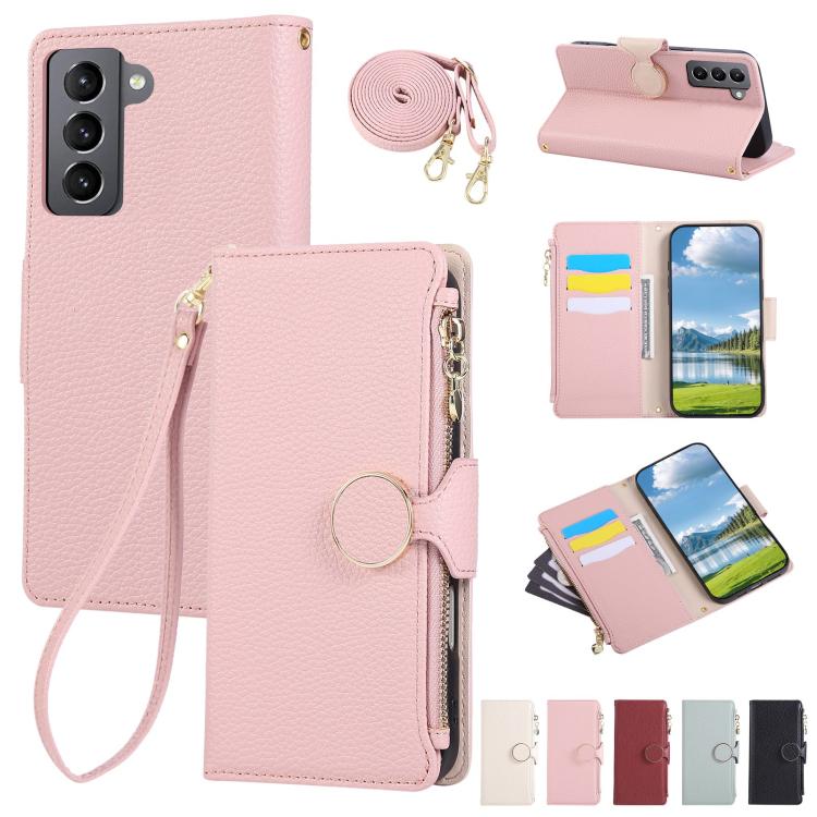 Round Buckle Zipper Wallet Leather Phone Case with Crossbody Strap