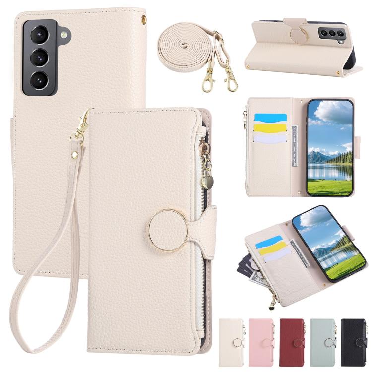 Round Buckle Zipper Wallet Leather Phone Case with Crossbody Strap