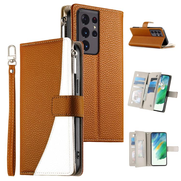 Stitching Multi-card Zipper Wallet Leather Phone Case with Short Strap
