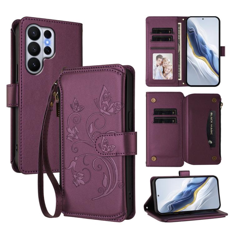 Butterfly Love Flower Multi-card Zipper Wallet Leather Phone Case