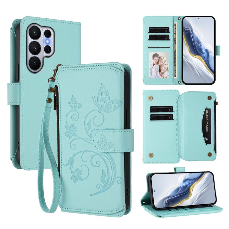 Butterfly Love Flower Multi-card Zipper Wallet Leather Phone Case