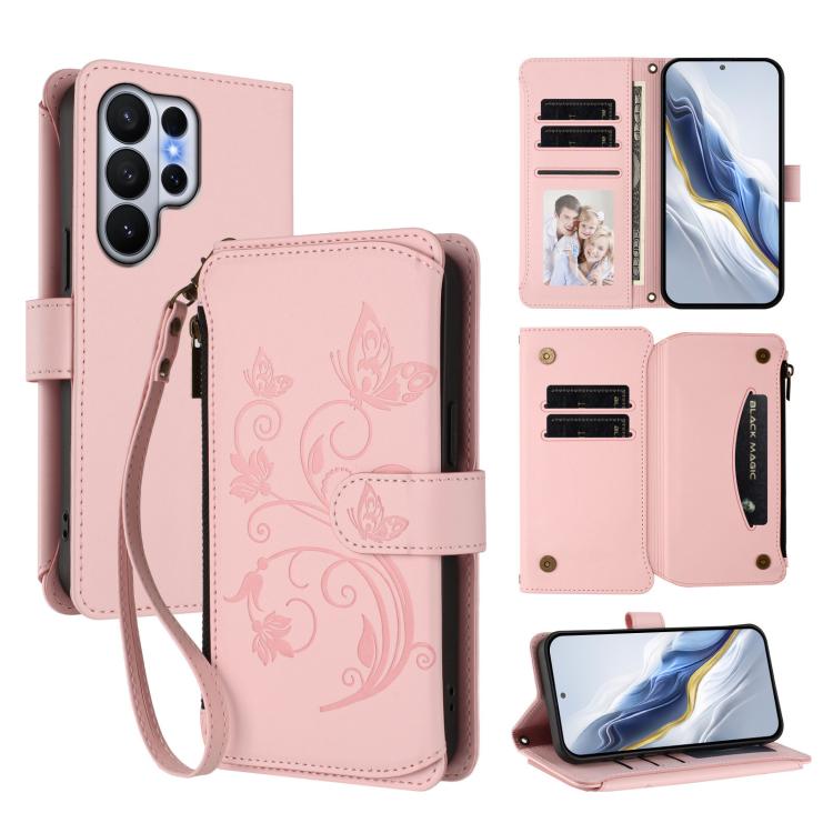 Butterfly Love Flower Multi-card Zipper Wallet Leather Phone Case