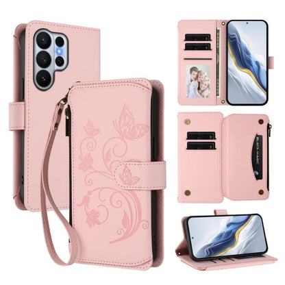 Butterfly Love Flower Multi-card Zipper Wallet Leather Phone Case