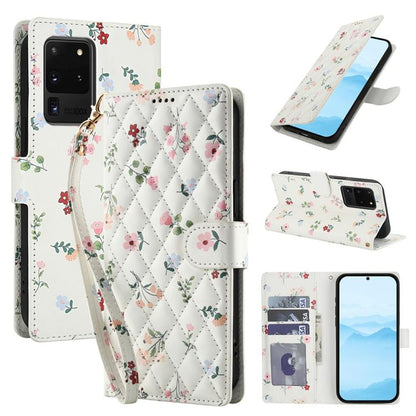 Flower Pattern Buckle Leather Phone Case with Lanyard