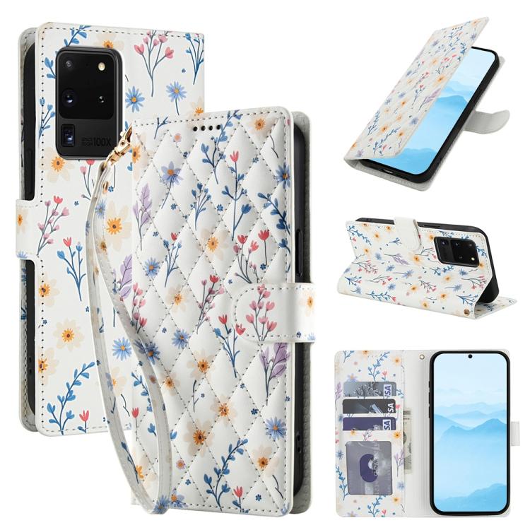 Flower Pattern Buckle Leather Phone Case with Lanyard