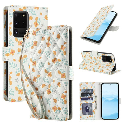 Flower Pattern Buckle Leather Phone Case with Lanyard