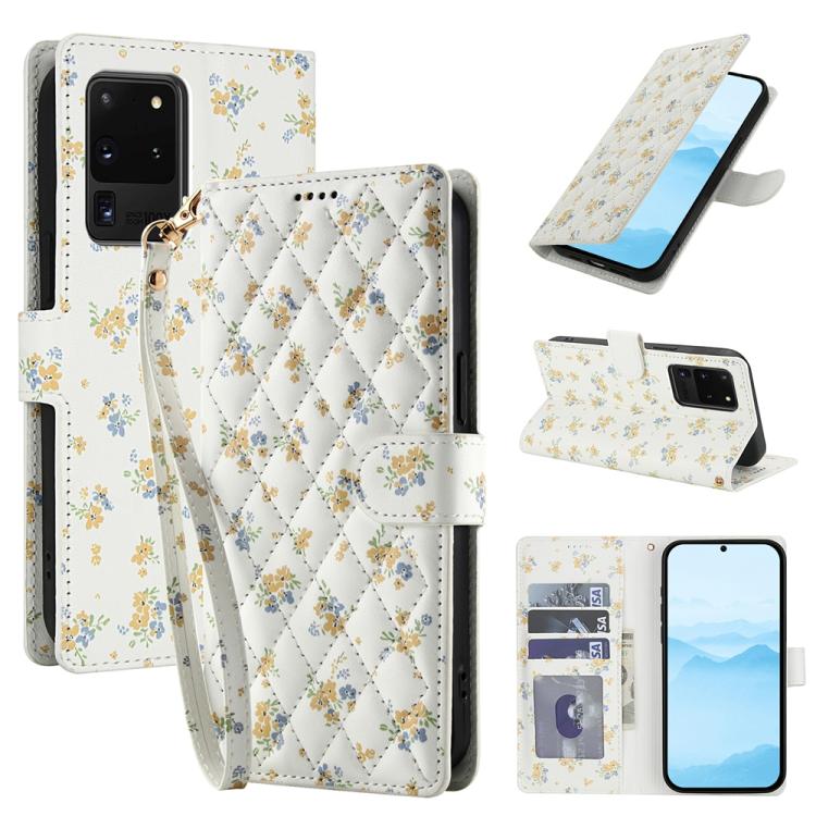 Flower Pattern Buckle Leather Phone Case with Lanyard