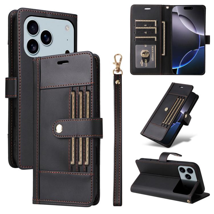 Six Card Slots Buckle Leather Phone Case with Lanyard