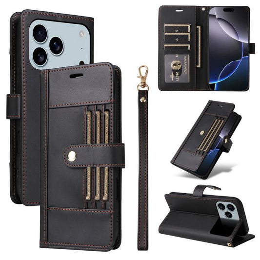Six Card Slots Buckle Leather Phone Case with Lanyard