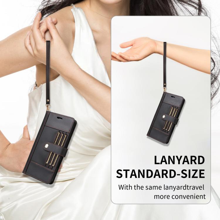 Six Card Slots Buckle Leather Phone Case with Lanyard