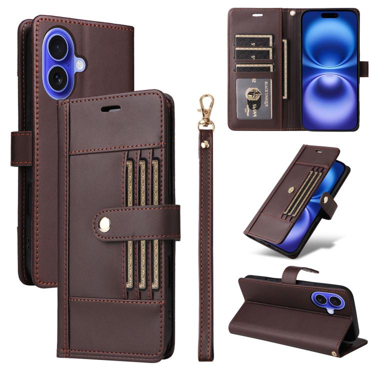 Six Card Slots Buckle Leather Phone Case with Lanyard