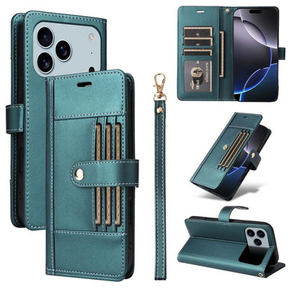 Six Card Slots Buckle Leather Phone Case with Lanyard