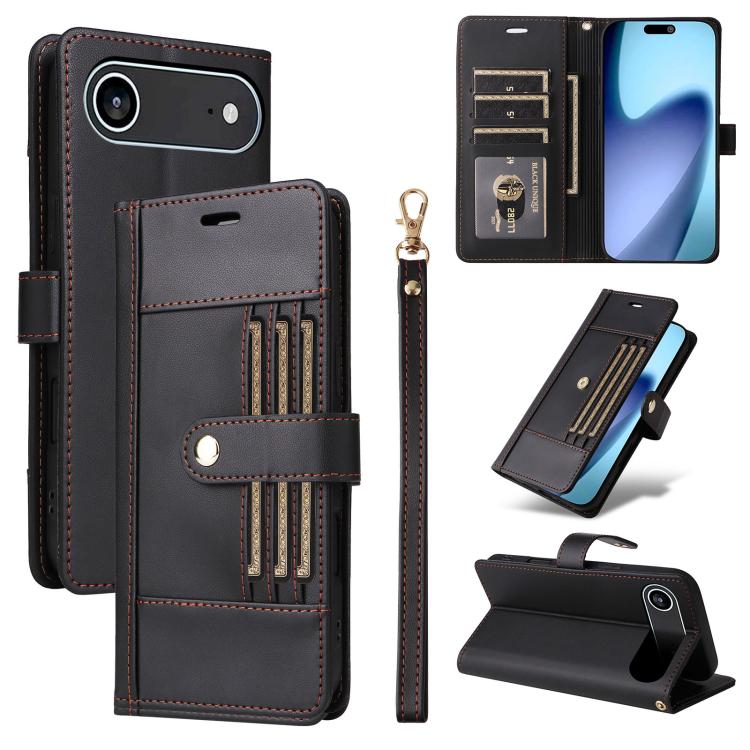 Six Card Slots Buckle Leather Phone Case with Lanyard