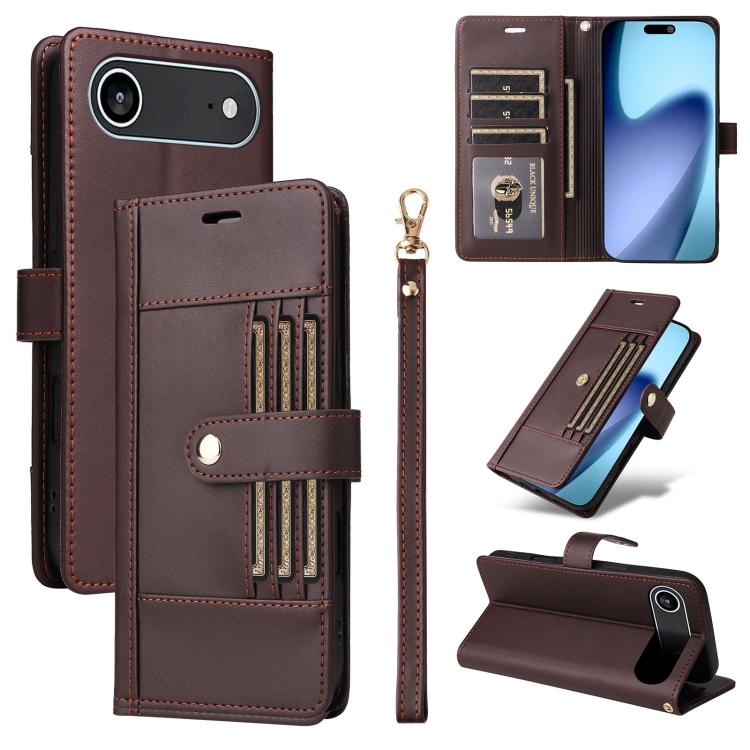 Six Card Slots Buckle Leather Phone Case with Lanyard