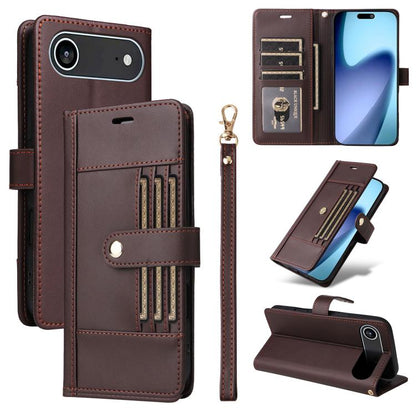Six Card Slots Buckle Leather Phone Case with Lanyard