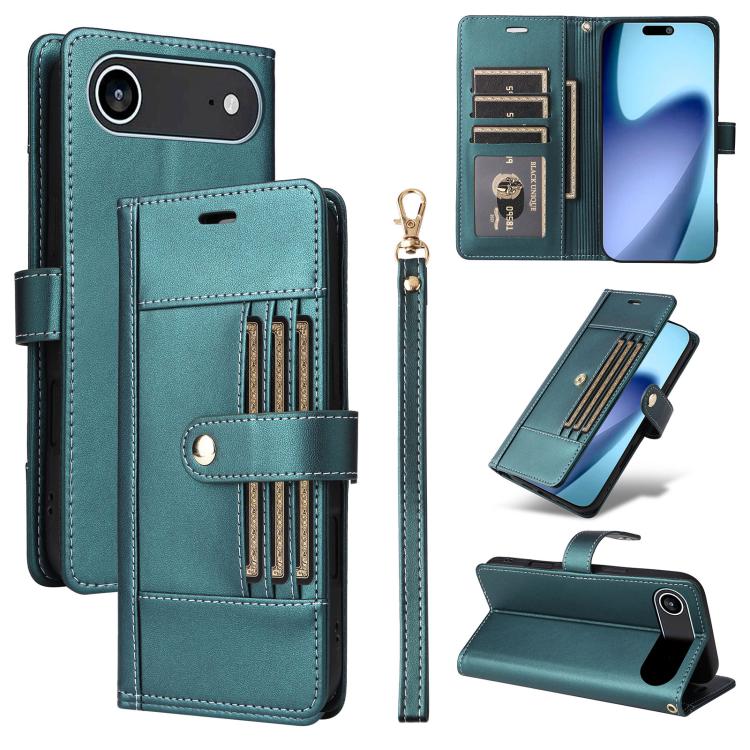 Six Card Slots Buckle Leather Phone Case with Lanyard