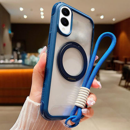 Solid Color Edge Transparency Rotation Holder MagSafe Phone Case with Wrist Strap