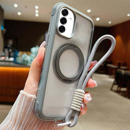 Solid Color Edge Transparency Rotation Holder MagSafe Phone Case with Wrist Strap