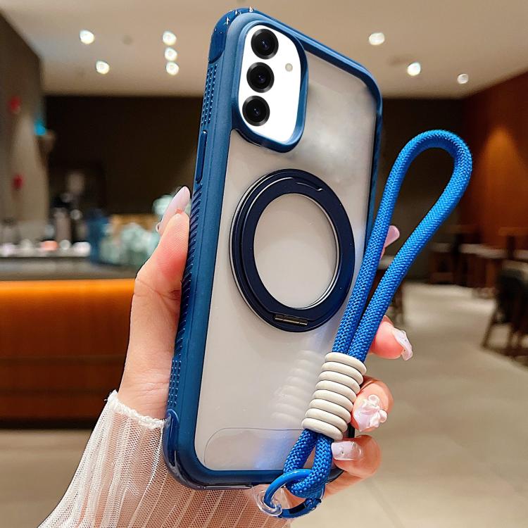 Solid Color Edge Transparency Rotation Holder MagSafe Phone Case with Wrist Strap