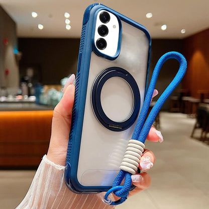 Solid Color Edge Transparency Rotation Holder MagSafe Phone Case with Wrist Strap