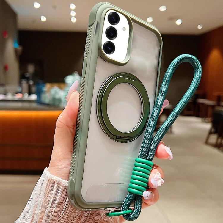 Solid Color Edge Transparency Rotation Holder MagSafe Phone Case with Wrist Strap