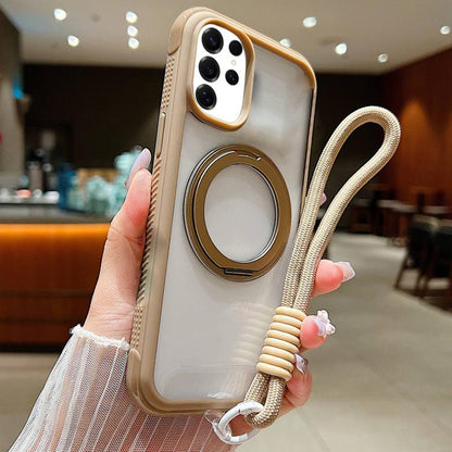 Solid Color Edge Transparency Rotation Holder MagSafe Phone Case with Wrist Strap