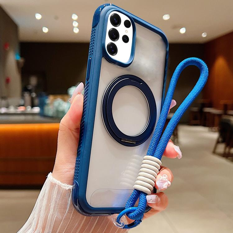 Solid Color Edge Transparency Rotation Holder MagSafe Phone Case with Wrist Strap