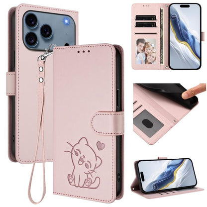 Embossed Heart Cat Leather Phone Case with Hand Strap
