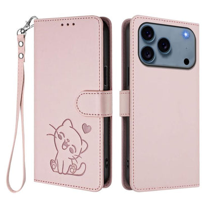 Embossed Heart Cat Leather Phone Case with Hand Strap