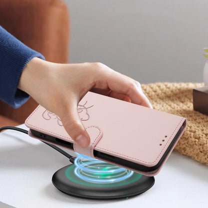 Embossed Heart Cat Leather Phone Case with Hand Strap