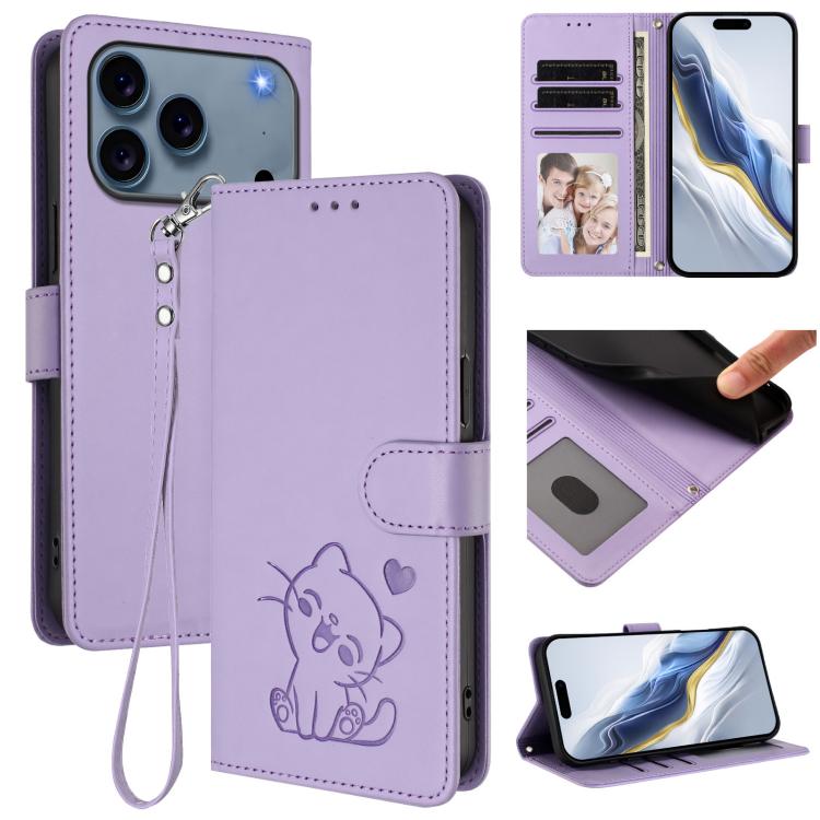 Embossed Heart Cat Leather Phone Case with Hand Strap