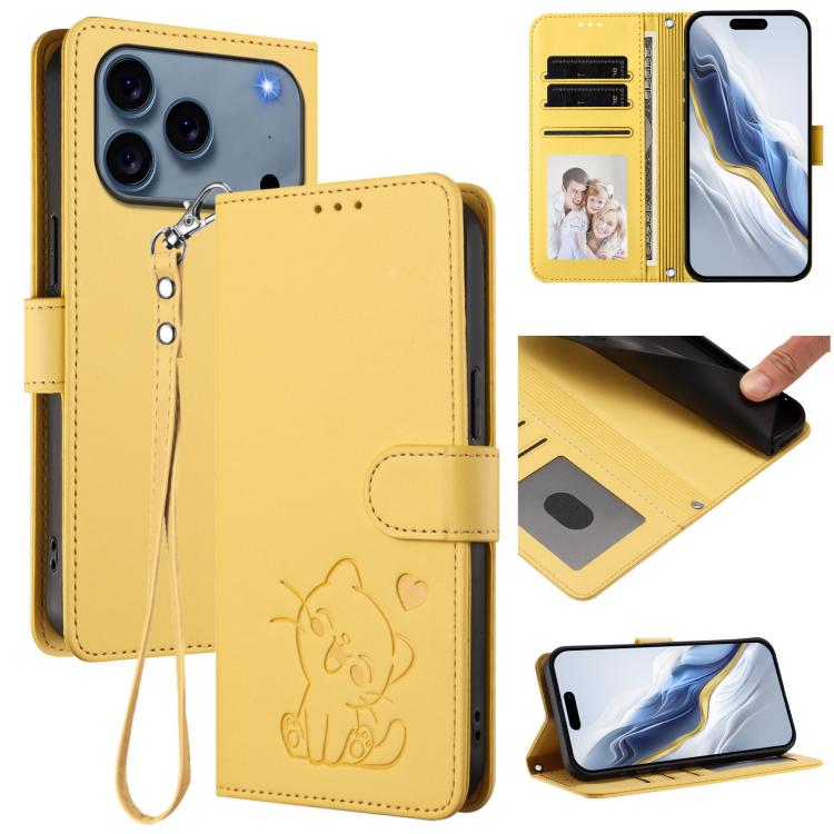 Embossed Heart Cat Leather Phone Case with Hand Strap