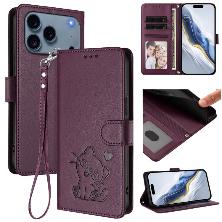 Embossed Heart Cat Leather Phone Case with Hand Strap