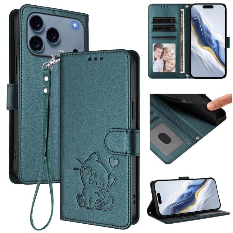Embossed Heart Cat Leather Phone Case with Hand Strap