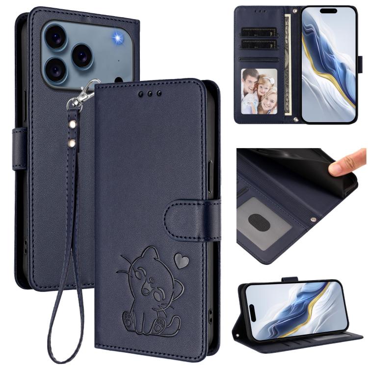 Embossed Heart Cat Leather Phone Case with Hand Strap