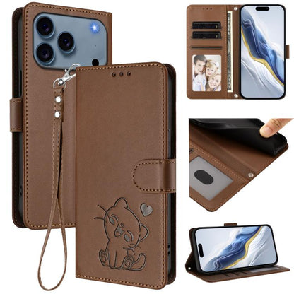 Embossed Heart Cat Leather Phone Case with Hand Strap