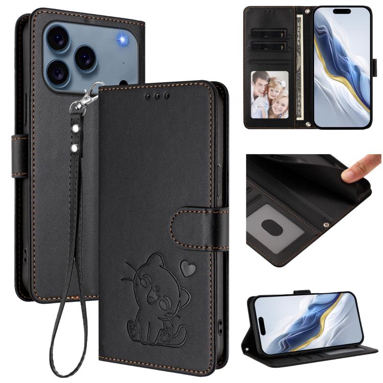 Embossed Heart Cat Leather Phone Case with Hand Strap