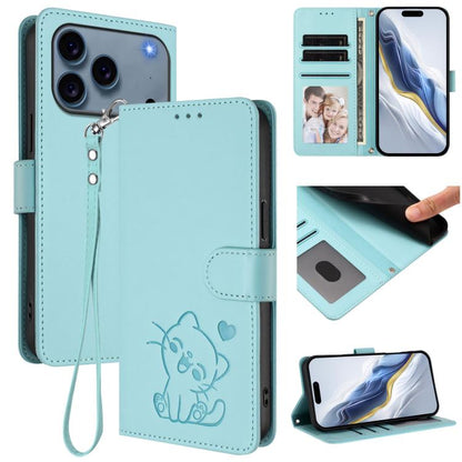 Embossed Heart Cat Leather Phone Case with Hand Strap