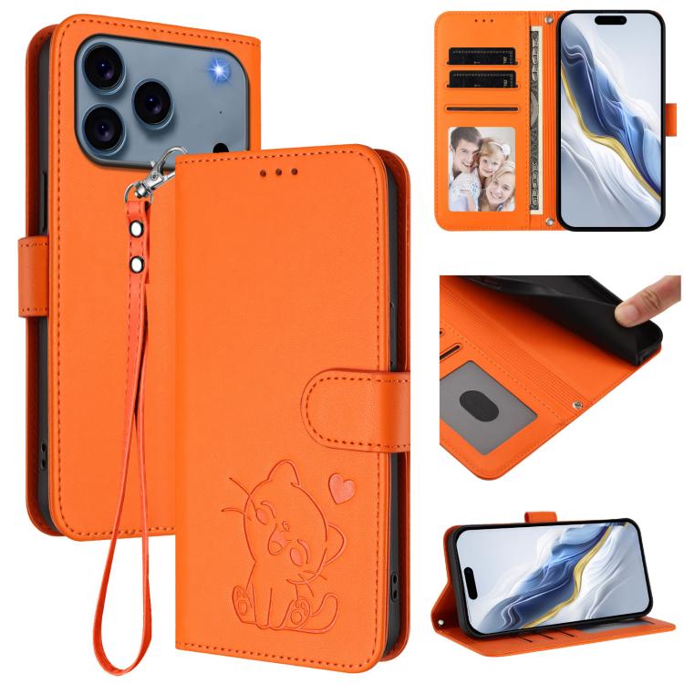 Embossed Heart Cat Leather Phone Case with Hand Strap